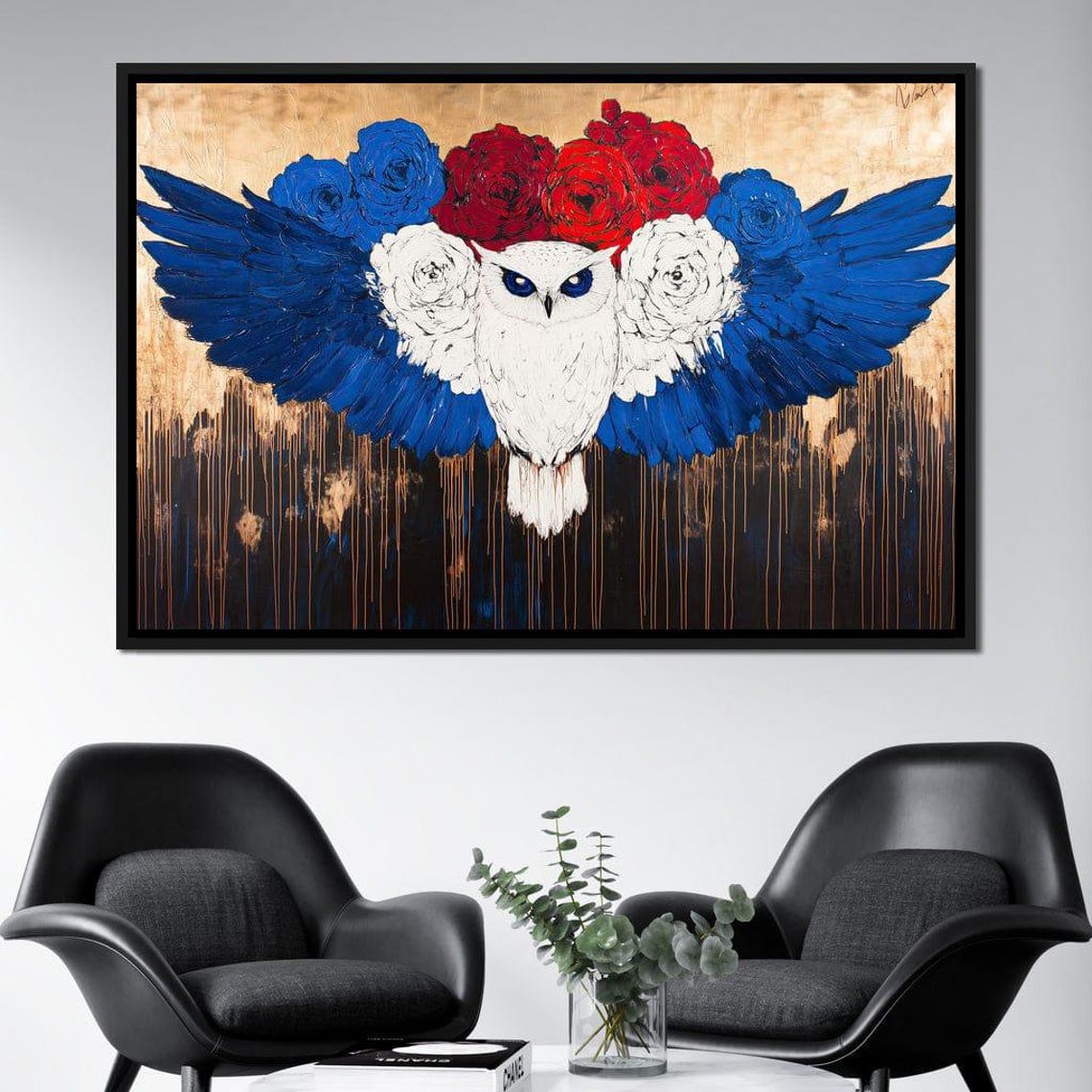 White Owl Spread Blue Wings Rose Crown Gold Drips Wildlife Poster - Image 2