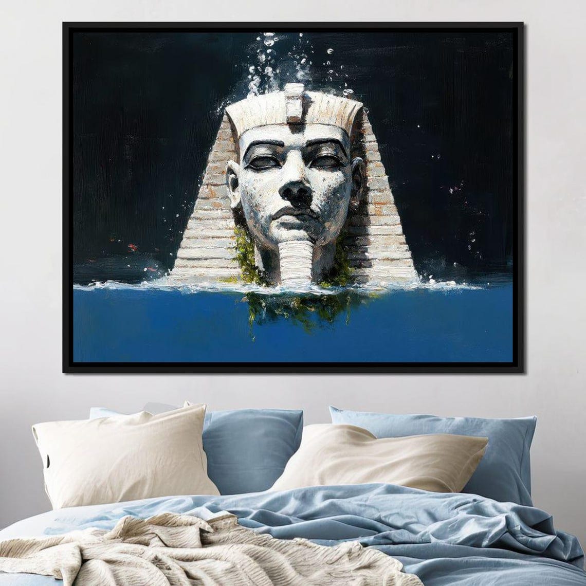 White Egyptian Statue Rising From Deep Blue Ocean Waves Night Wall Art - Image 3