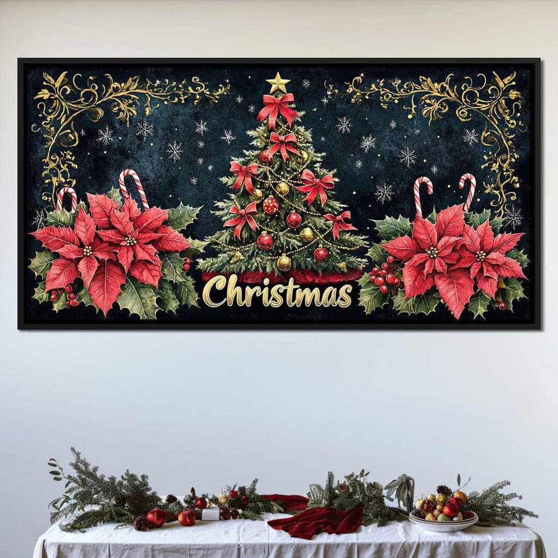 Christmas Tree Poinsettia Candy Cane Gold Lettering Holiday Poster - Image 4