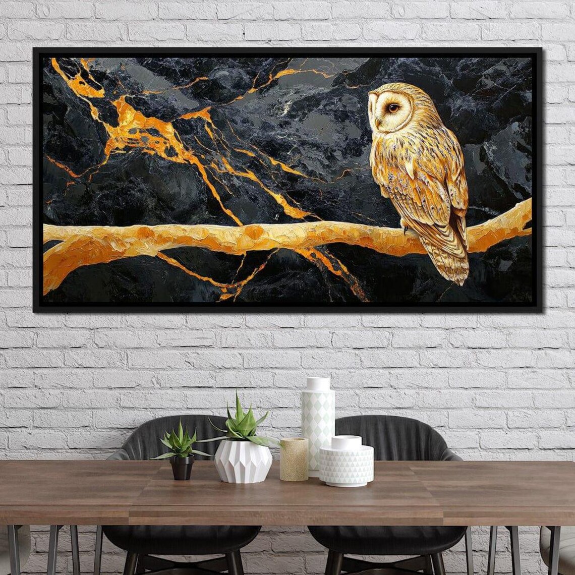 Golden Owl Marble Branch Black Gold Elegant Nocturnal Wildlife Poster - Image 3