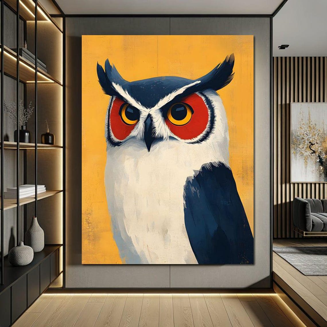 Bold Owl Portrait with Red Ringed Eyes on Golden Yellow Poster - Image 3