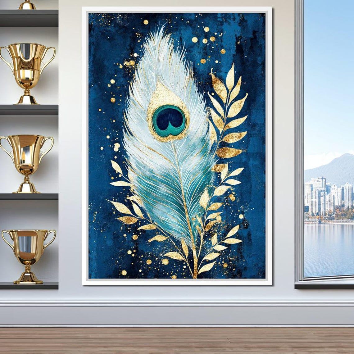 White And Gold Peacock Feather On Deep Navy Blue Luxury Wall Art - Image 4