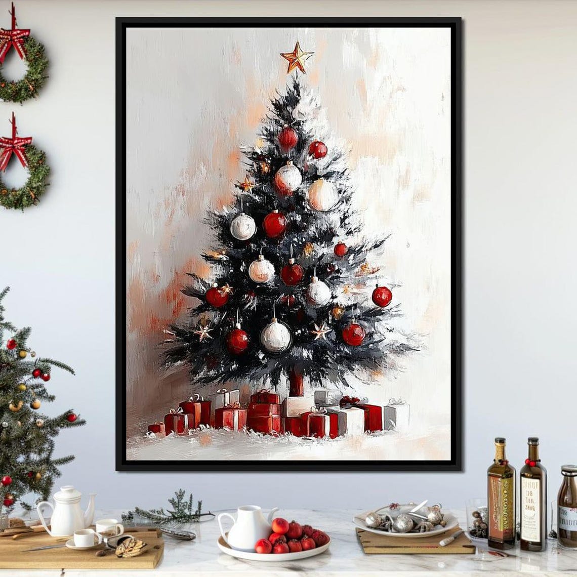 Christmas Tree With Red Ornaments Gifts Painterly Holiday Poster
