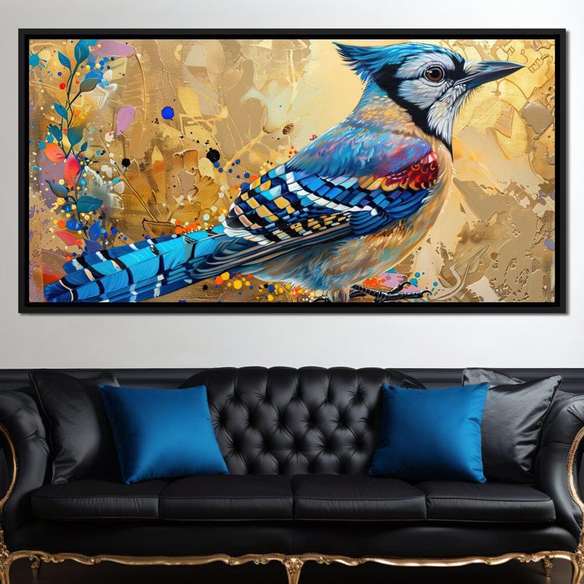 Vibrant Blue Jay Bird Colorful Floral Golden Art Animal Wall Poster - Image 4