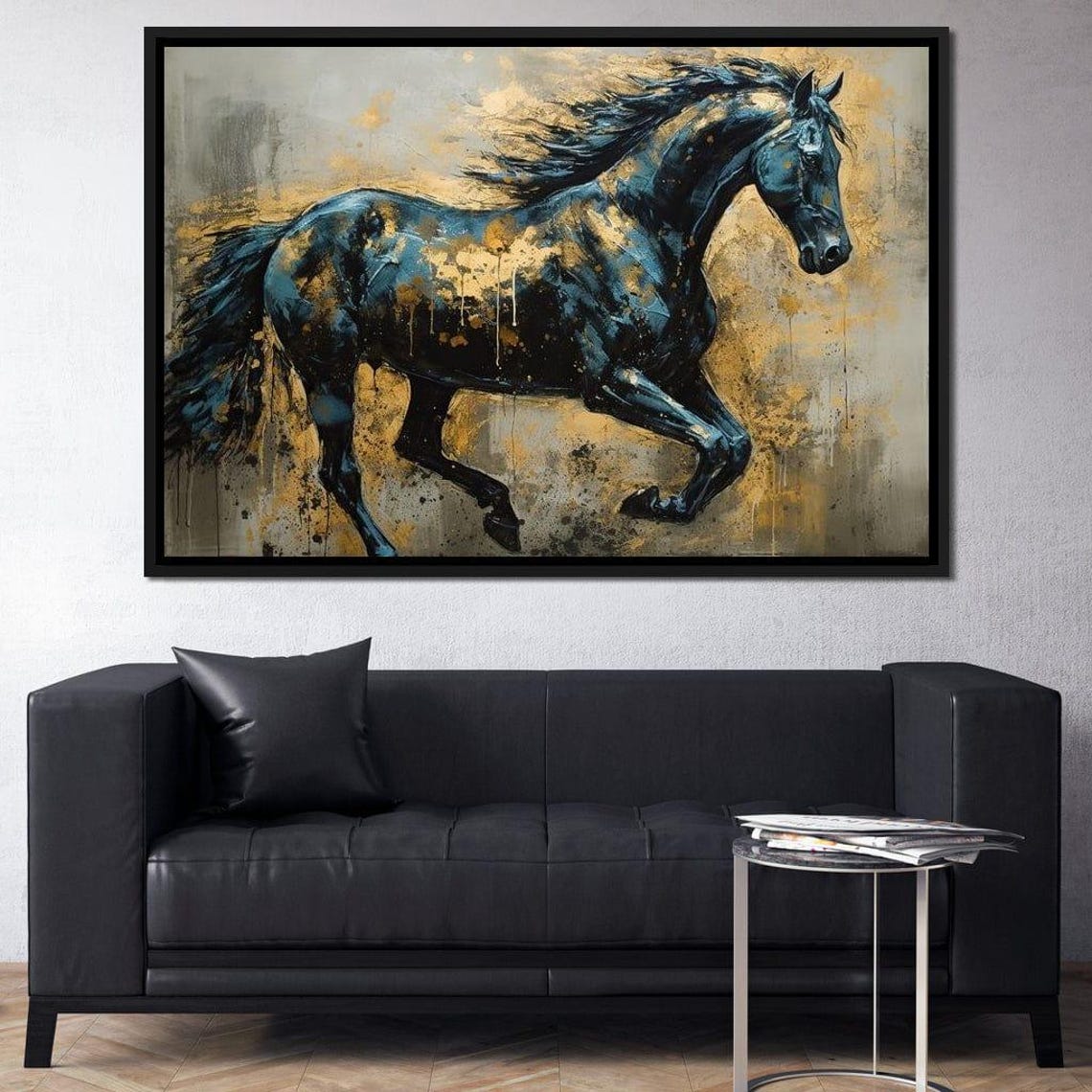 Black Stallion Galloping Gold Splatter Dynamic Equine Art Wall Poster - Image 4