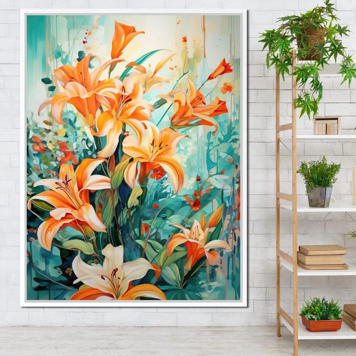 Orange Lilies On Turquoise Background Vibrant Botanical Wall Art Print - Image 2
