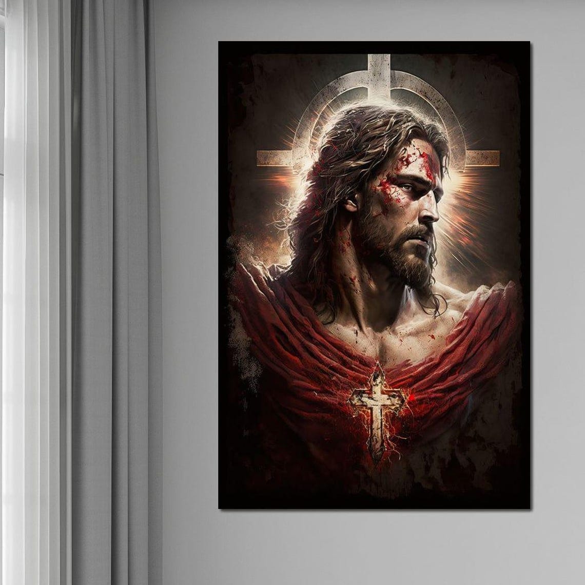 Jesus Christ Dramatic Portrait Halo Cross Sacred Christian Wall Art - Image 2