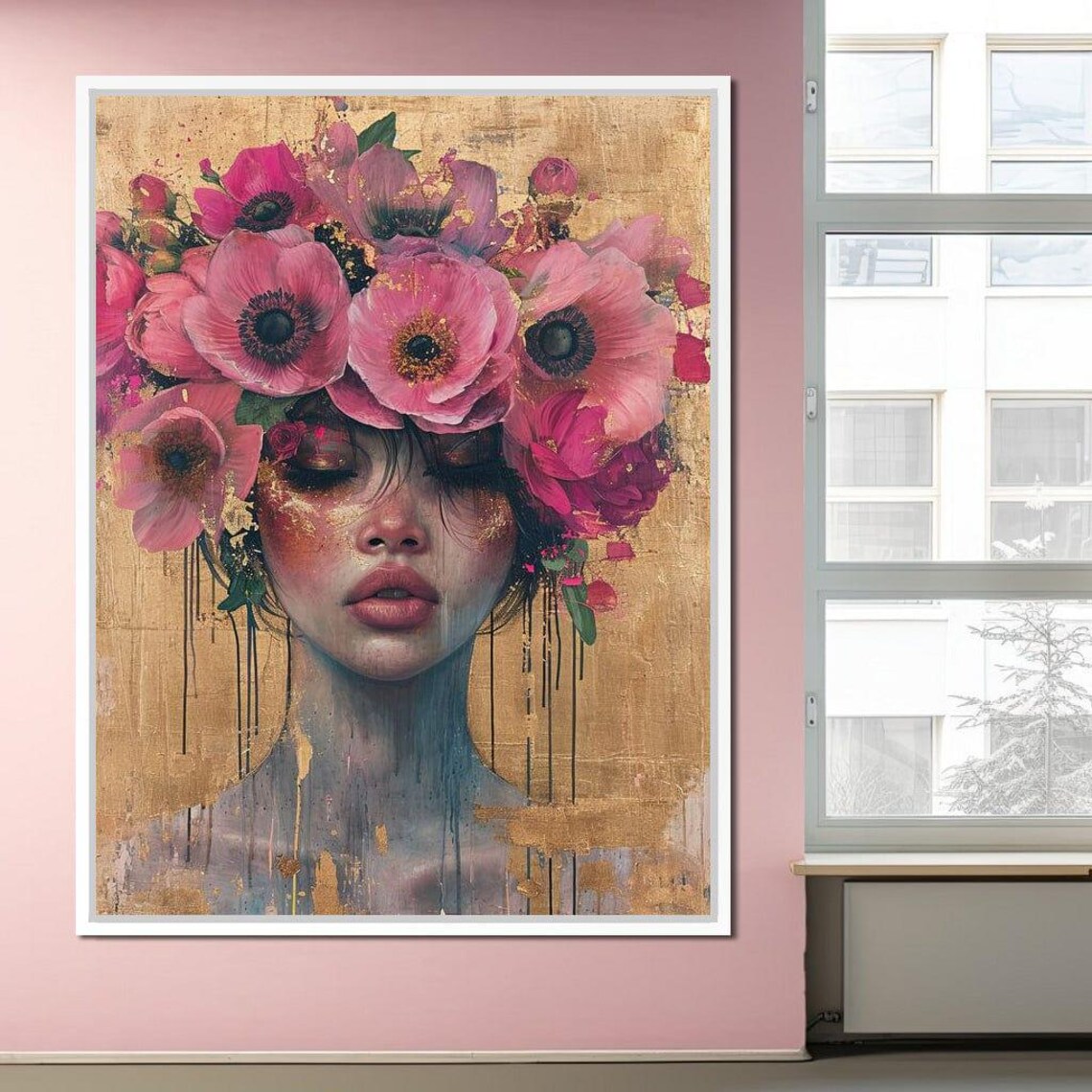 Pink Flowers Woman Dreamy Portrait Gold Pink Feminine Art Print