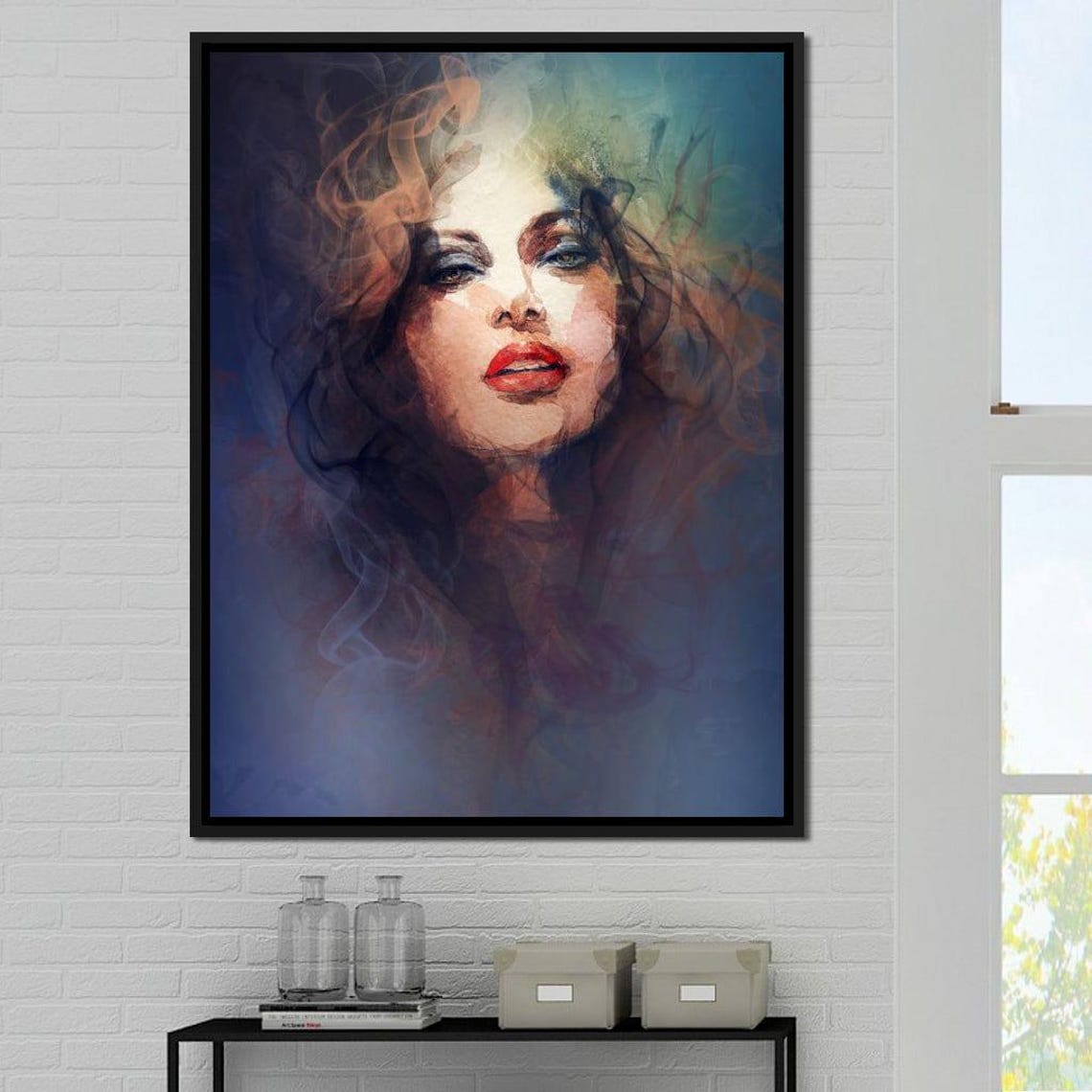 Mystical Smoke Veiled Woman Portrait Red Lips Watercolor Art Poster - Image 2