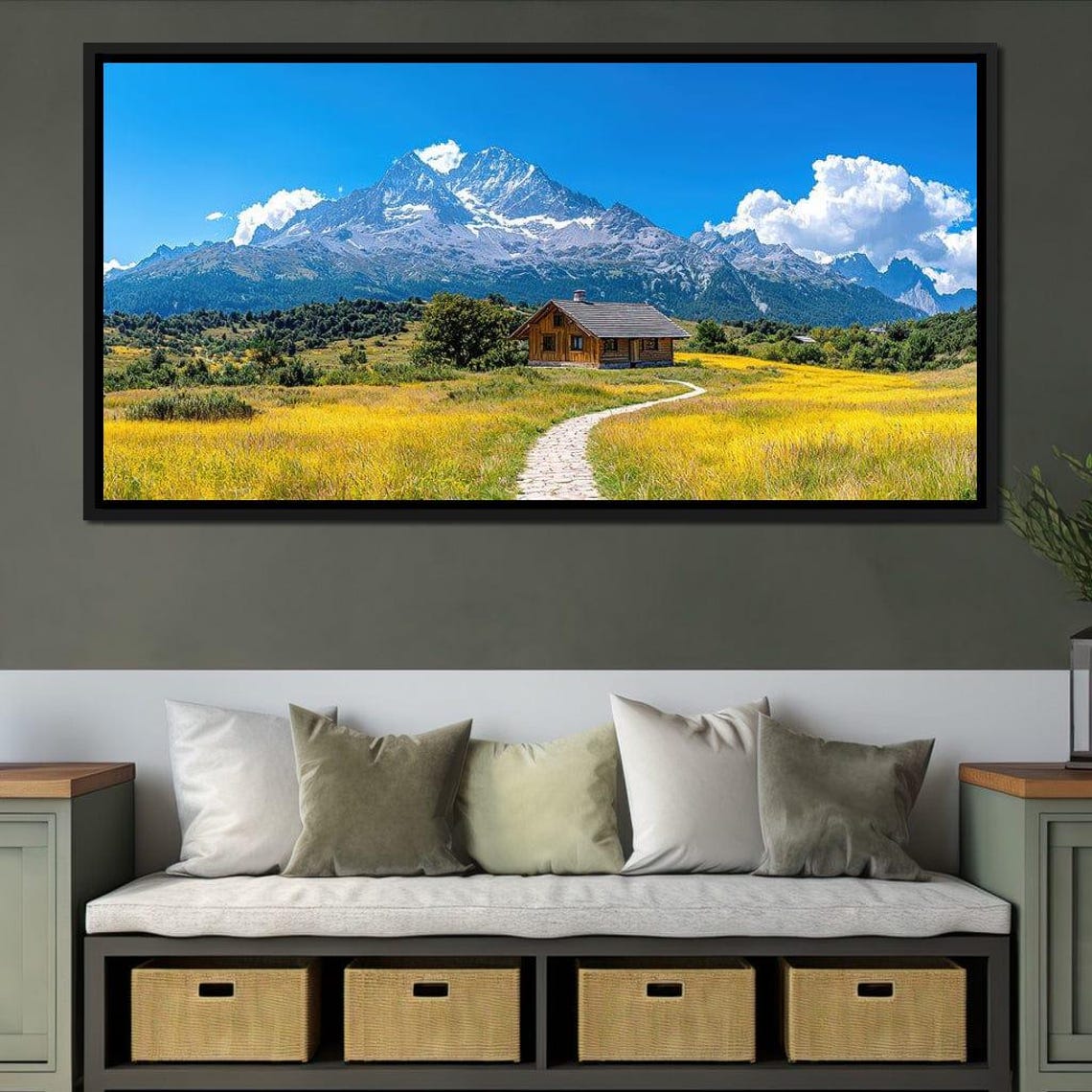 Alpine Mountain Cabin In Golden Meadow With Stone Path Blue Sky Poster - Image 2