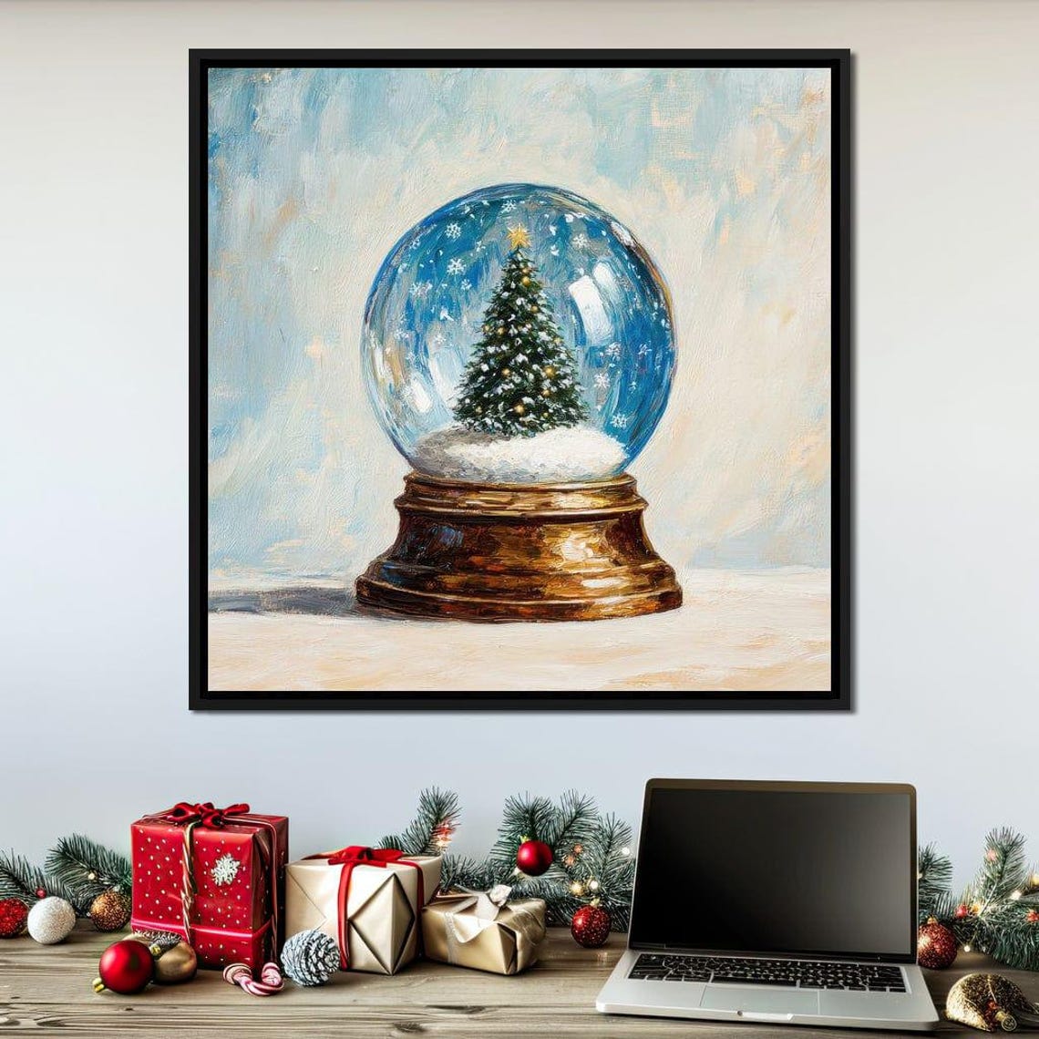 Christmas Snow Globe With Snowy Pine Tree Vintage Holiday Poster