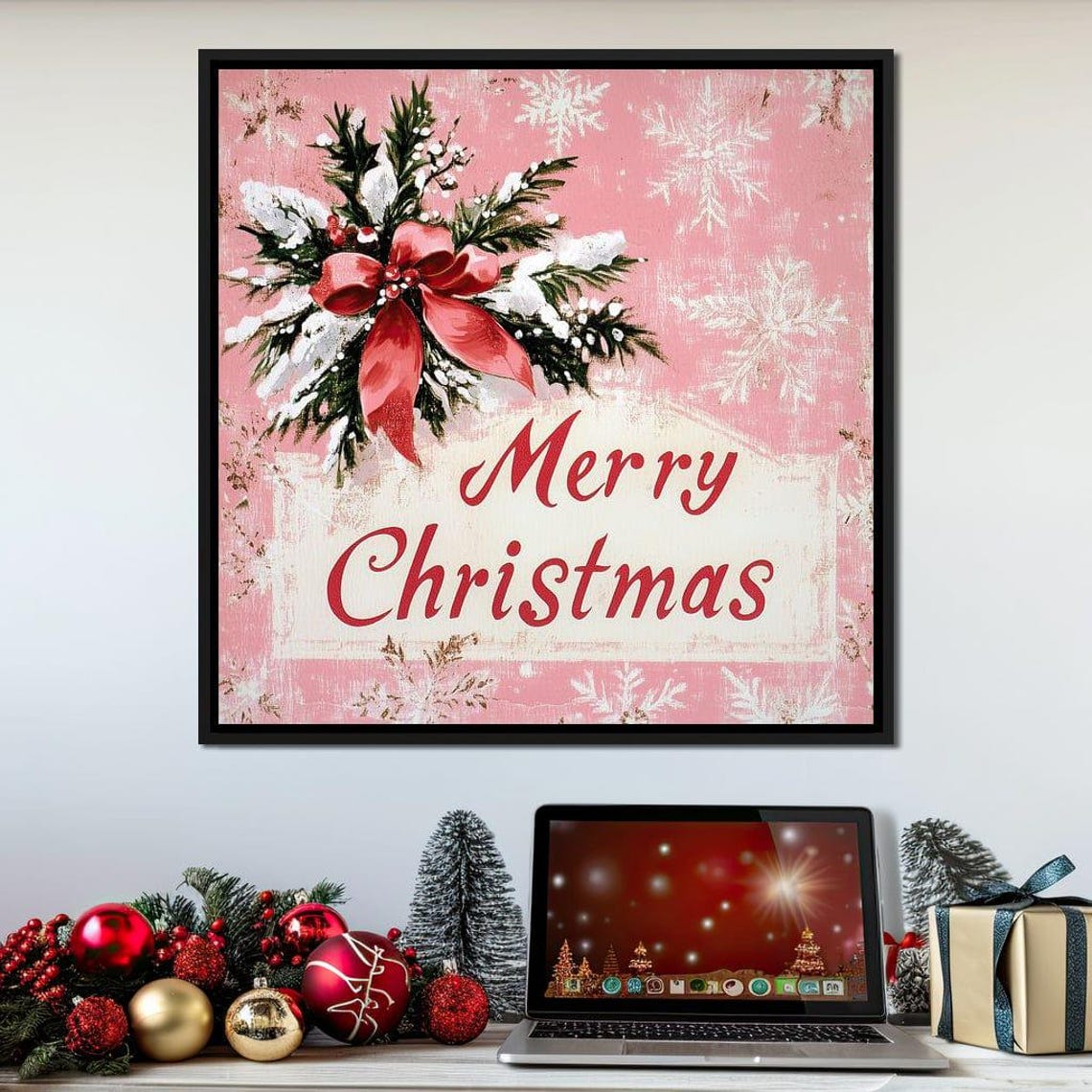 Merry Christmas Pink Retro Sign With Snowy Pine Bouquet Art Poster - Image 3