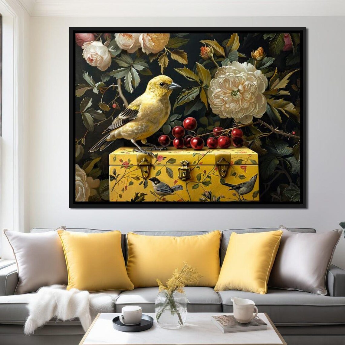 Golden Finch Peony Cherry Vintage Dark Floral Bird Wall Art Print - Image 2