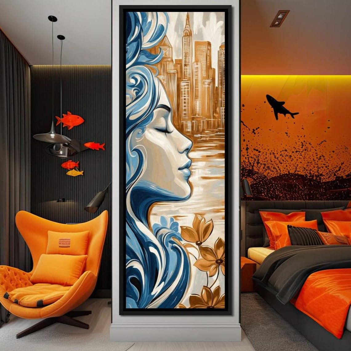 Art Deco Woman Ocean Wave Hair Golden City Skyline Profile Wall Print