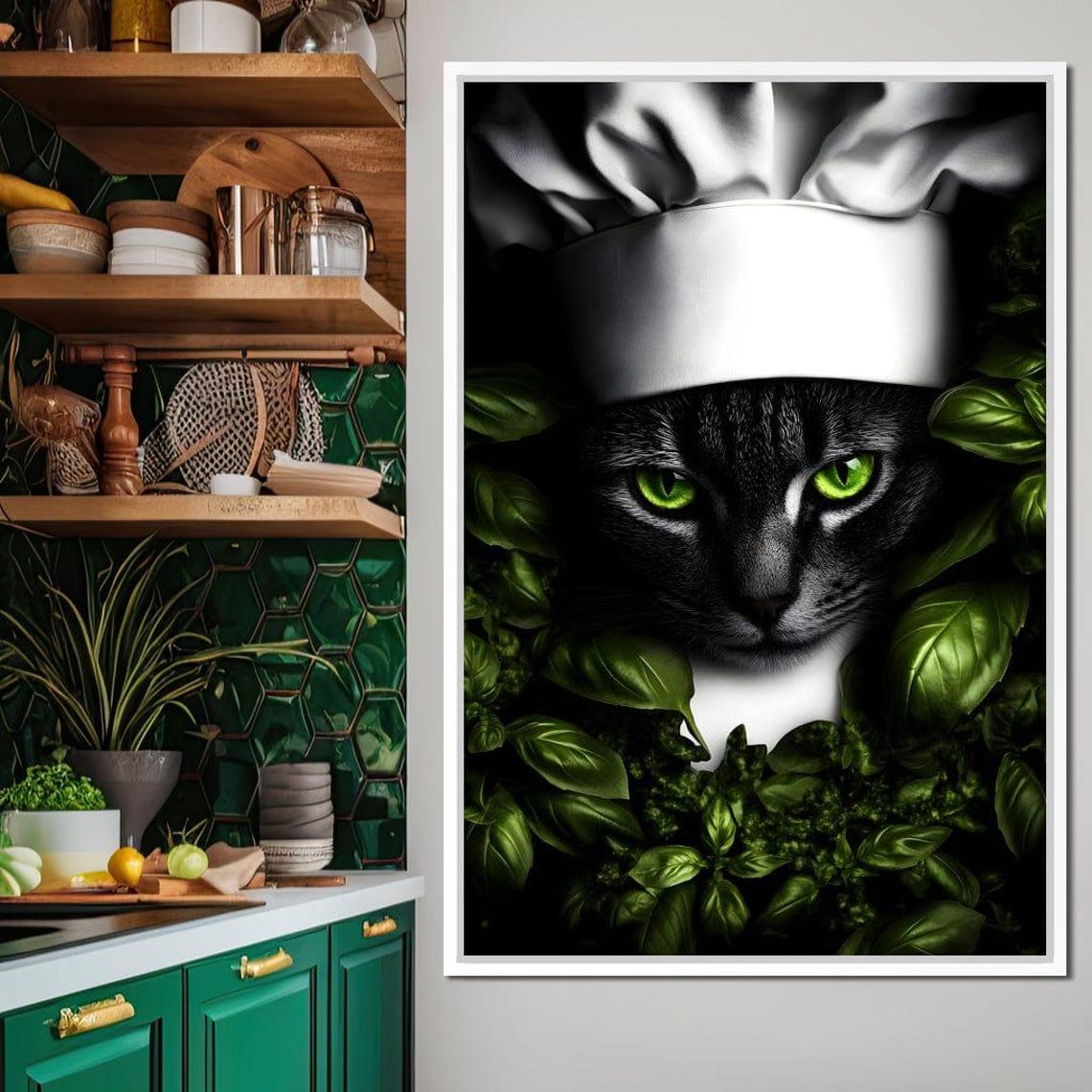 Chef Cat Green Eyes Basil Leaves Kitchen Framed Whimsical Wall Art - Image 2