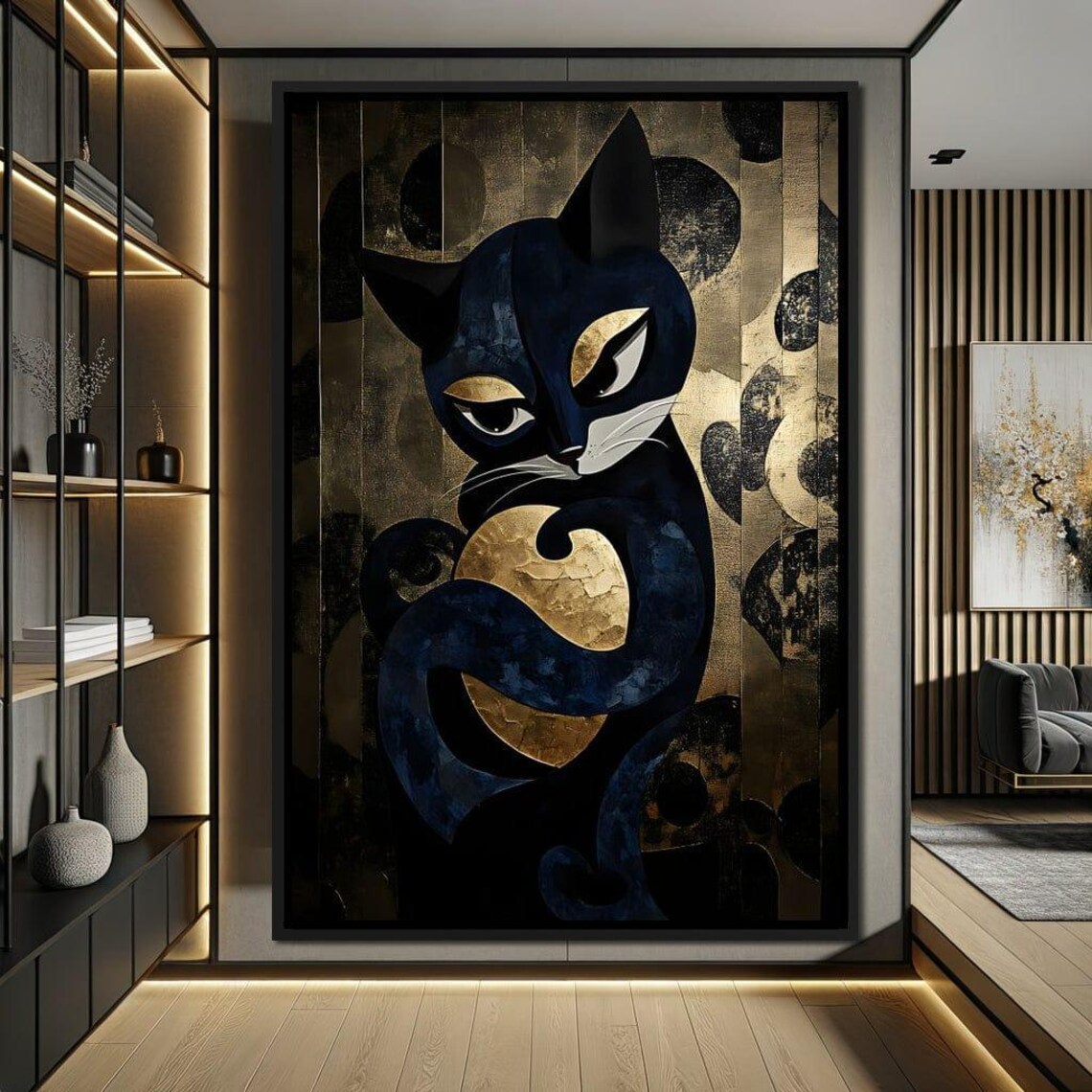 Black Cat and Golden Moon Stylized Modern Feline Art Deco Wall Art Poster