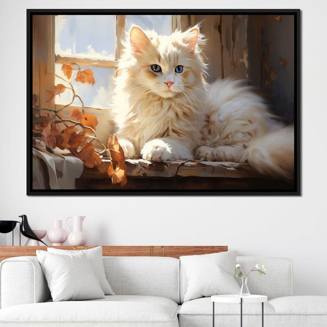 Fluffy Cream Cat Blue Eyes Autumn Sunlit Windowsill Cozy Art Print - Image 4
