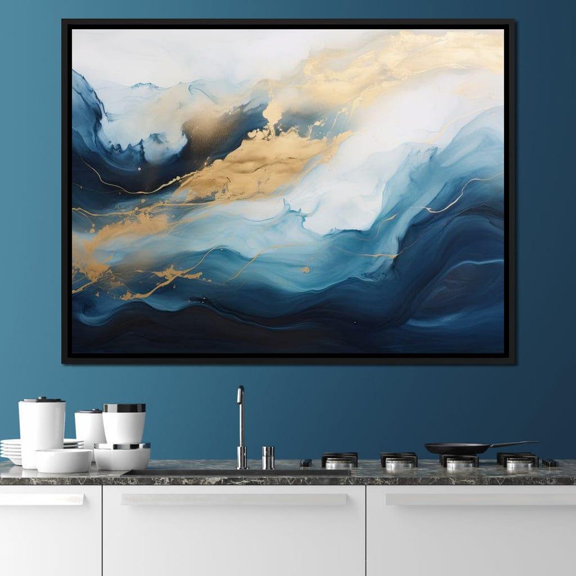 Blue Gold Fluid Marble Wave Five Panel Coastal Abstract Wall Art - Image 2