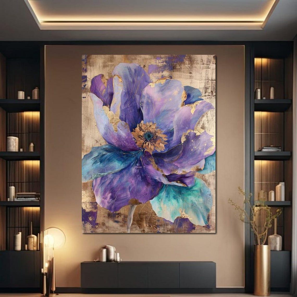 Violet Purple Blue Anemone Flower Gold Leaf Abstract Art Poster - Image 3