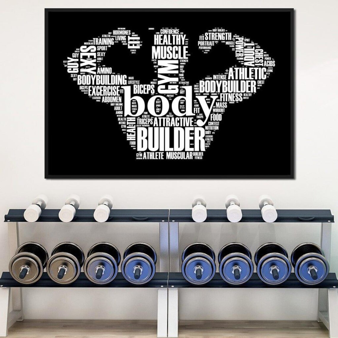 Bodybuilder Muscle Arm Word Cloud Gym Motivation Black White Fitness Wall Poster - Image 2