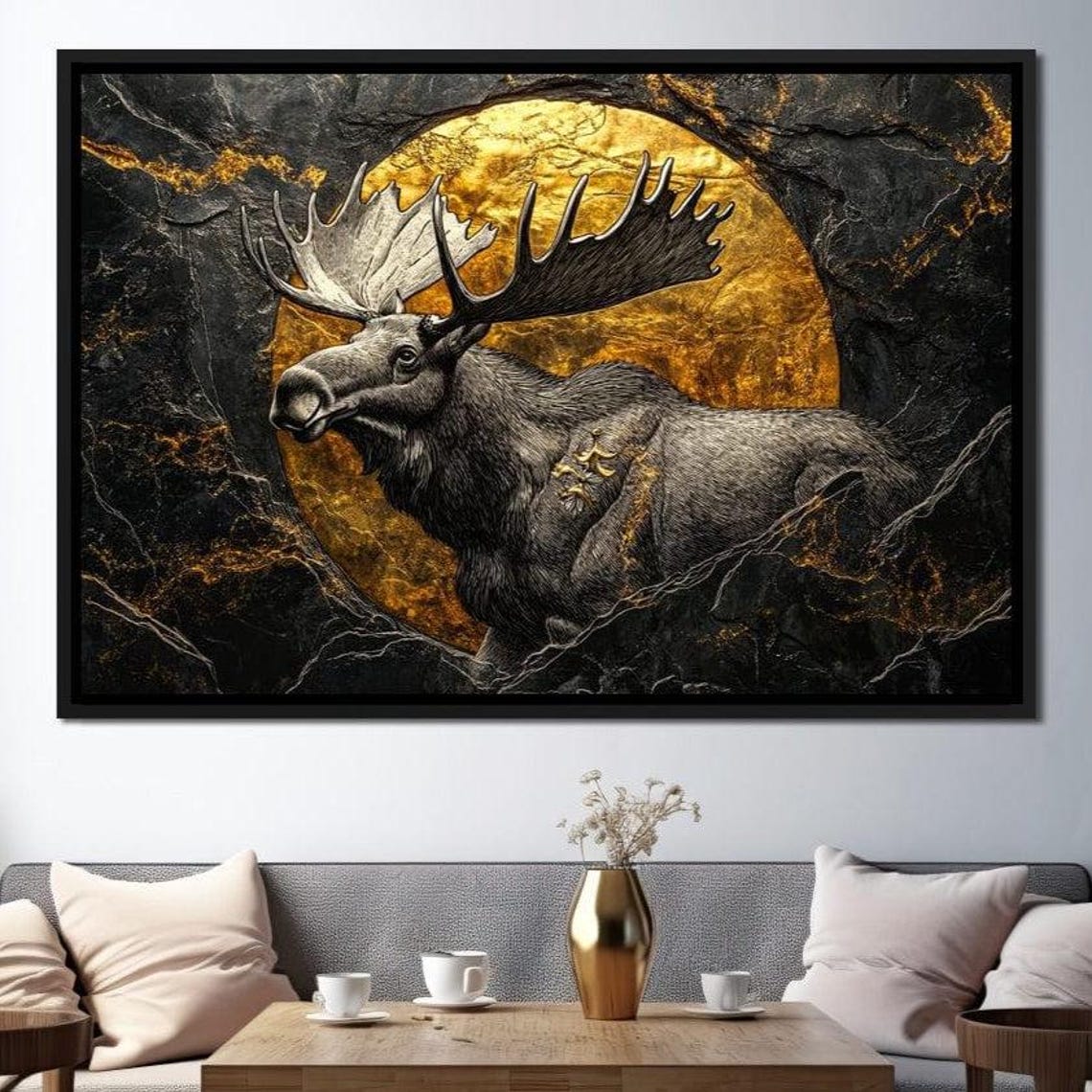 Majestic Moose Black Gold Marble Golden Moon Framed Wildlife Wall Art
