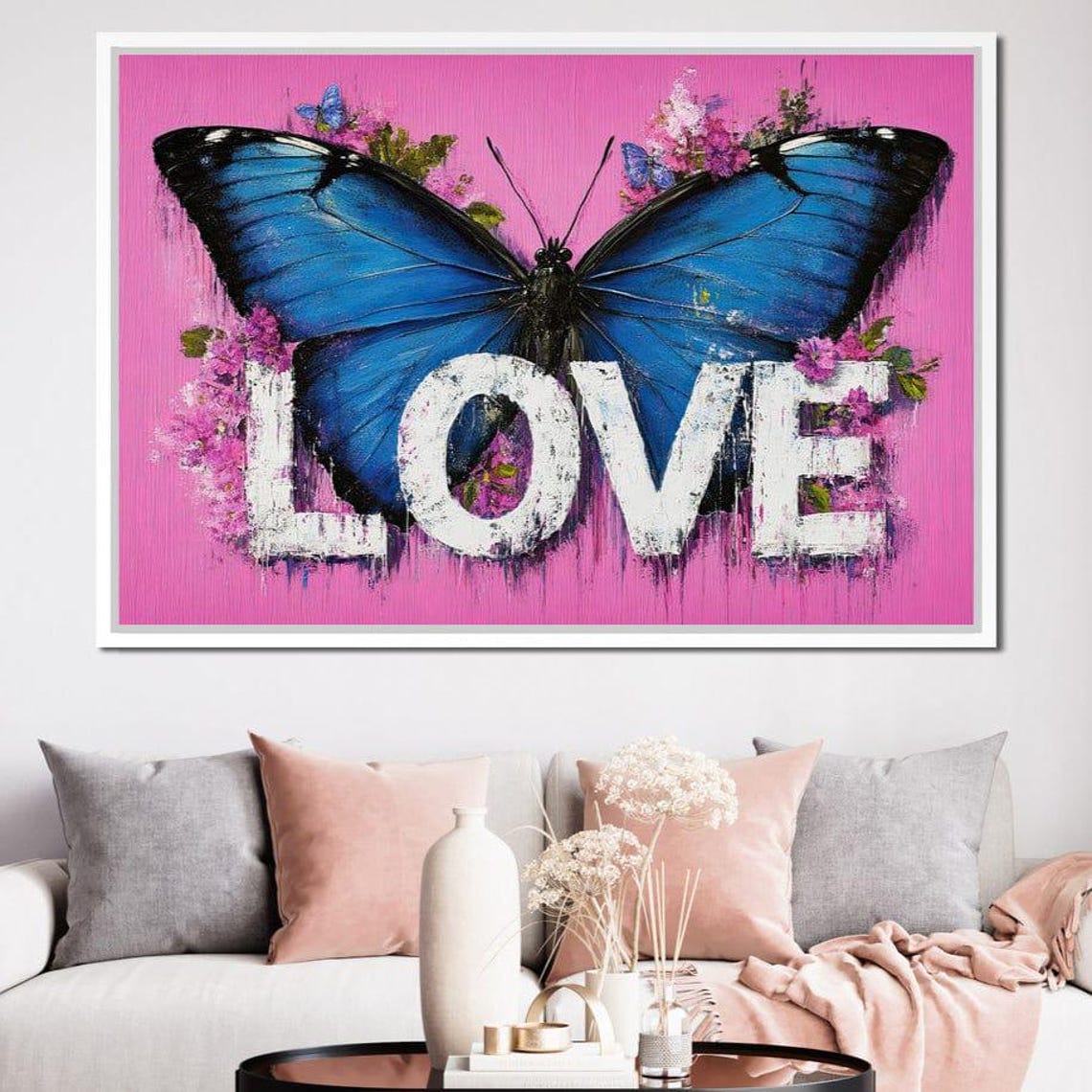 Blue Morpho Butterfly Pink Background LOVE Typography Floral Wall Art