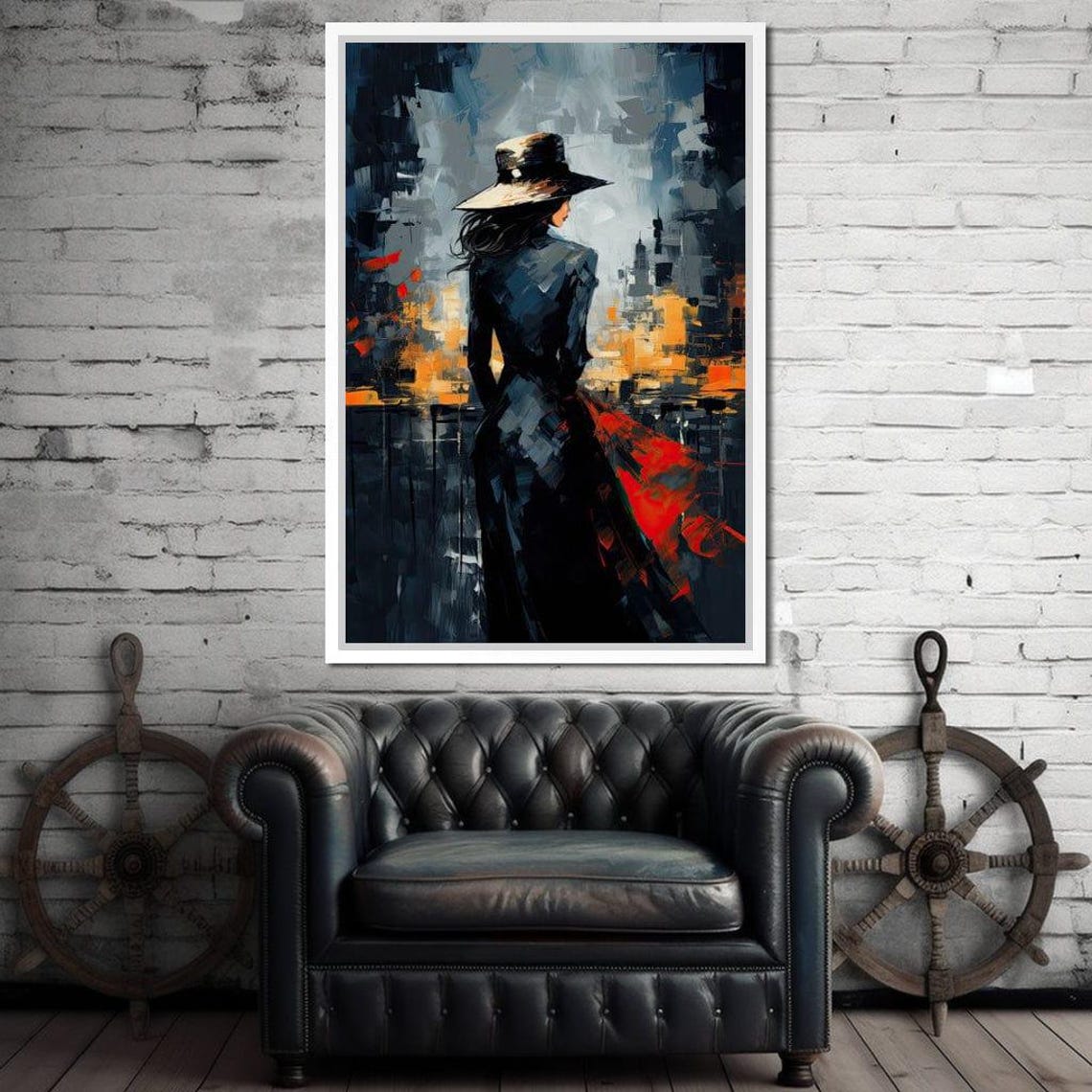 Night City Woman Dark Dress Fedora Monochrome Red Accents Art Print - Image 3