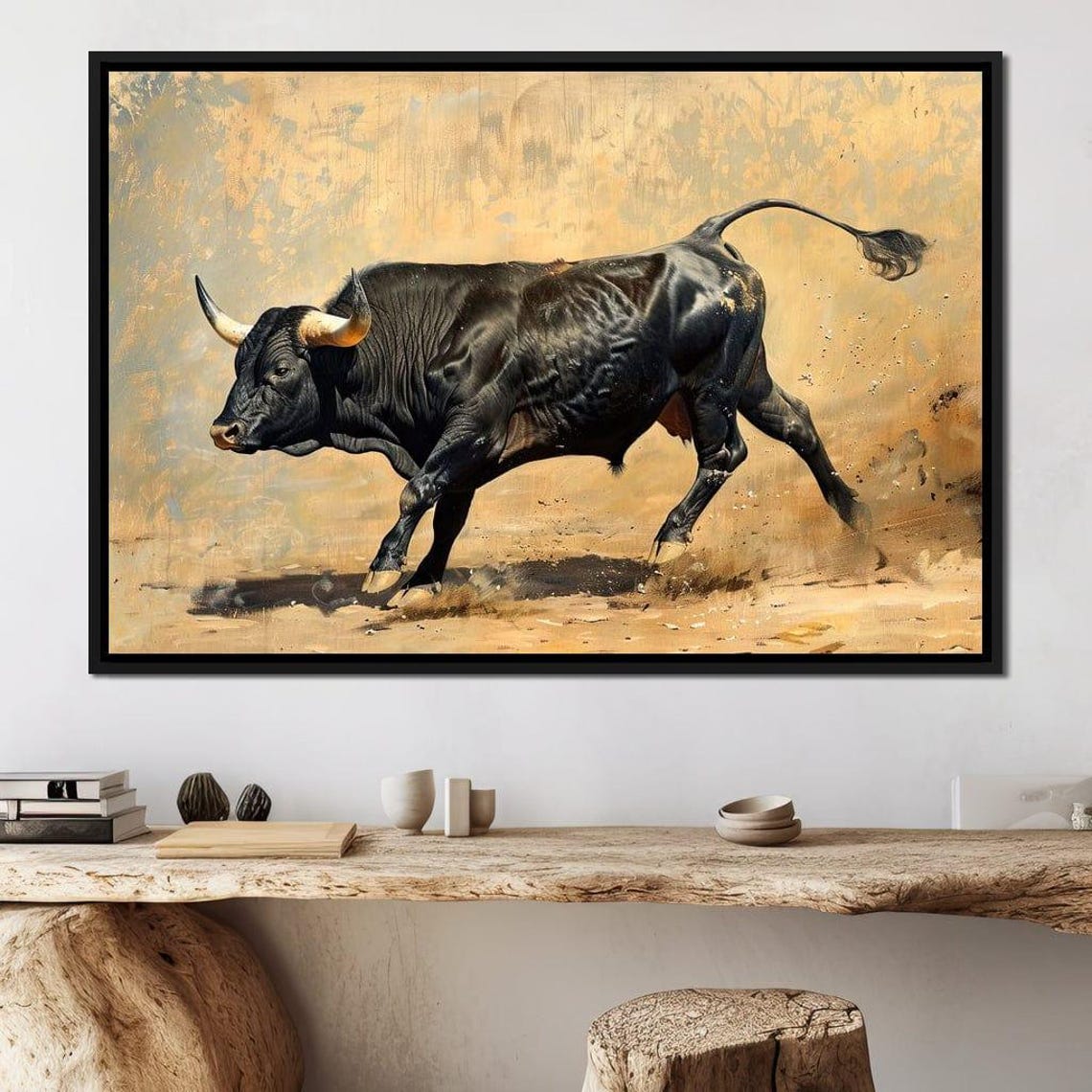 Charging Black Bull Powerful Beast Golden Dust Animal Art Poster - Image 4
