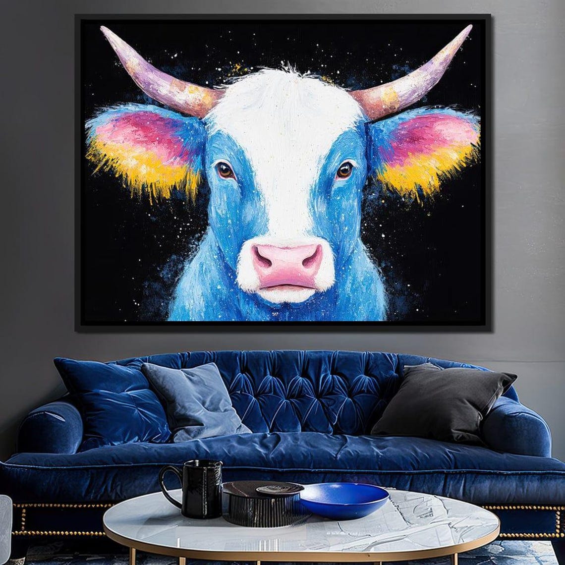 Blue Cow Portrait Rainbow Ears Colorful Pop Animal Art Wall Art Poster - Image 2
