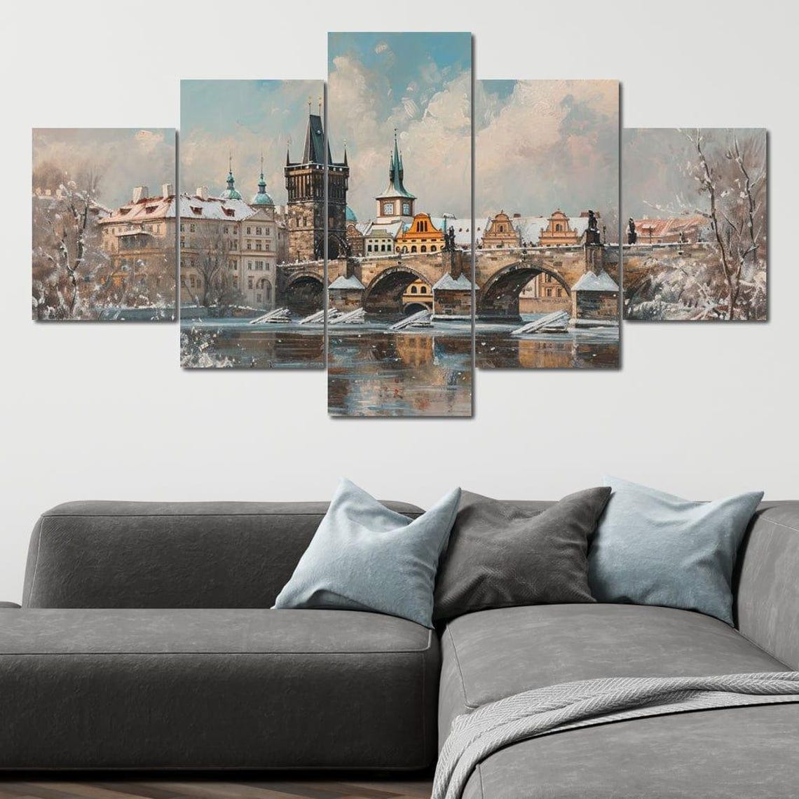 Prague Charles Bridge Snowy Winter River Five Panel Canvas Art Poster