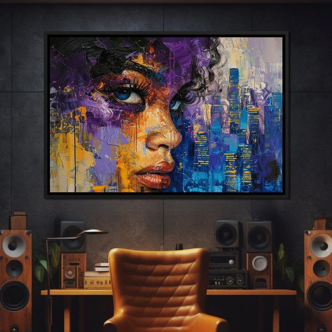Purple City Night Skyline Woman Abstract Portrait Wall Art Poster - Image 2