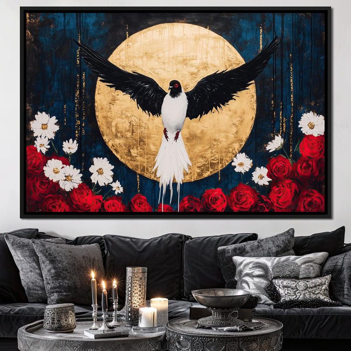 Black White Bird Gold Moon Red Roses Midnight Floral Elegant Poster - Image 4