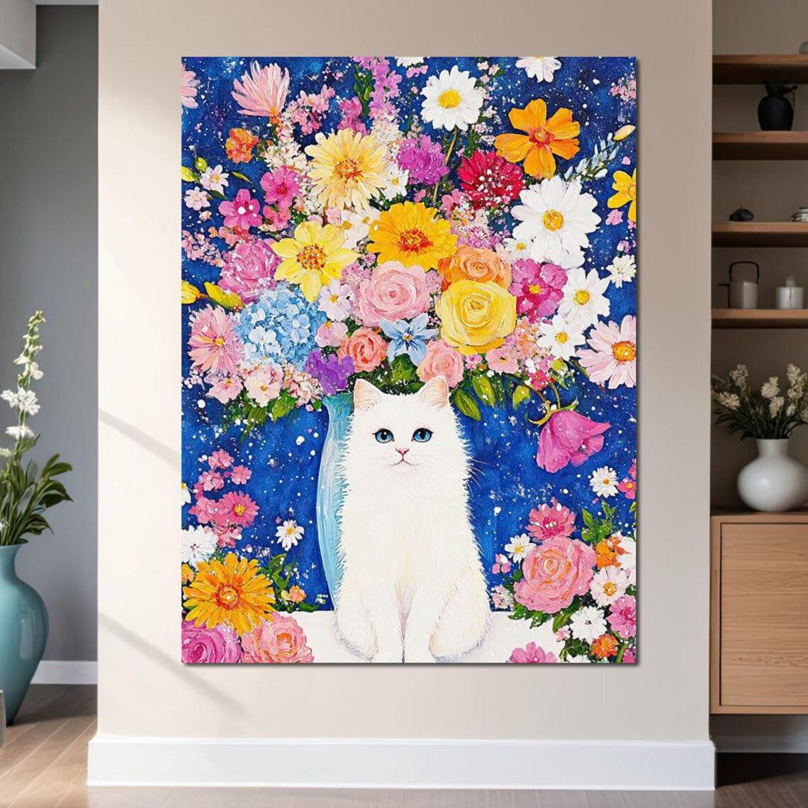 White Fluffy Cat Colorful Flower Bouquet Blue Framed Whimsical Wall Art - Image 3