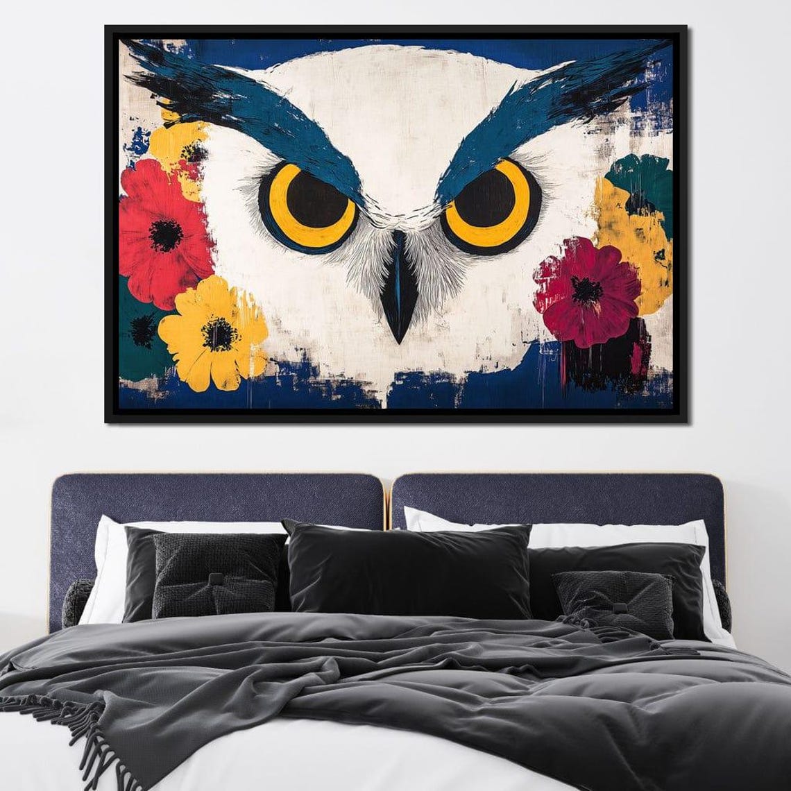 Intense White Owl Face With Big Yellow Eyes Floral Art Poster - Image 4