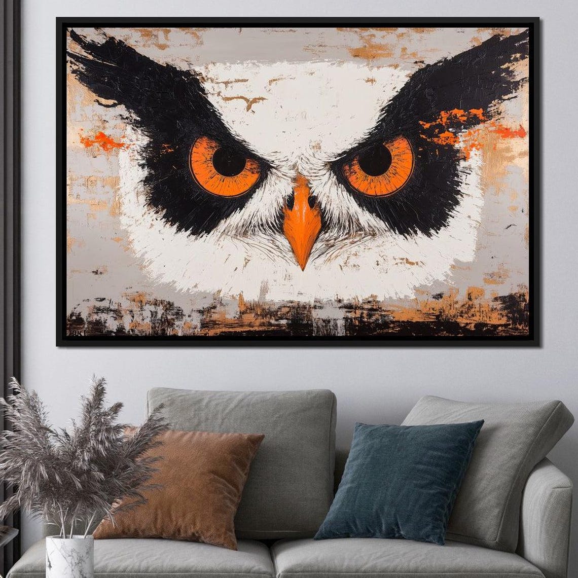 Fierce Owl Face Close Up Orange Eyes Black White Wildlife Art Poster - Image 2