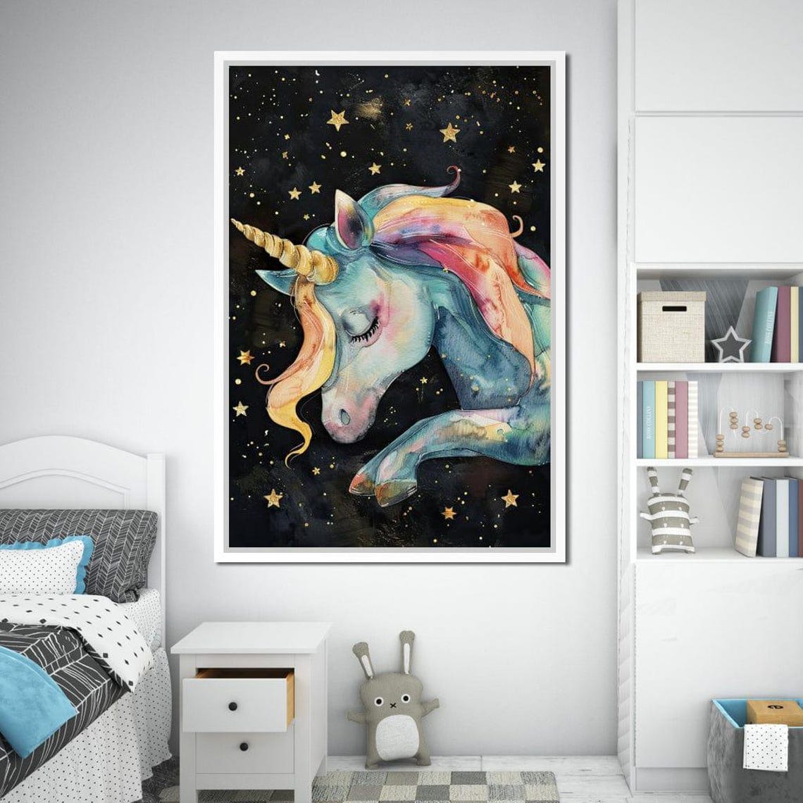 Watercolor Sleeping Unicorn Pastel Dream Starry Night Kids Poster - Image 3