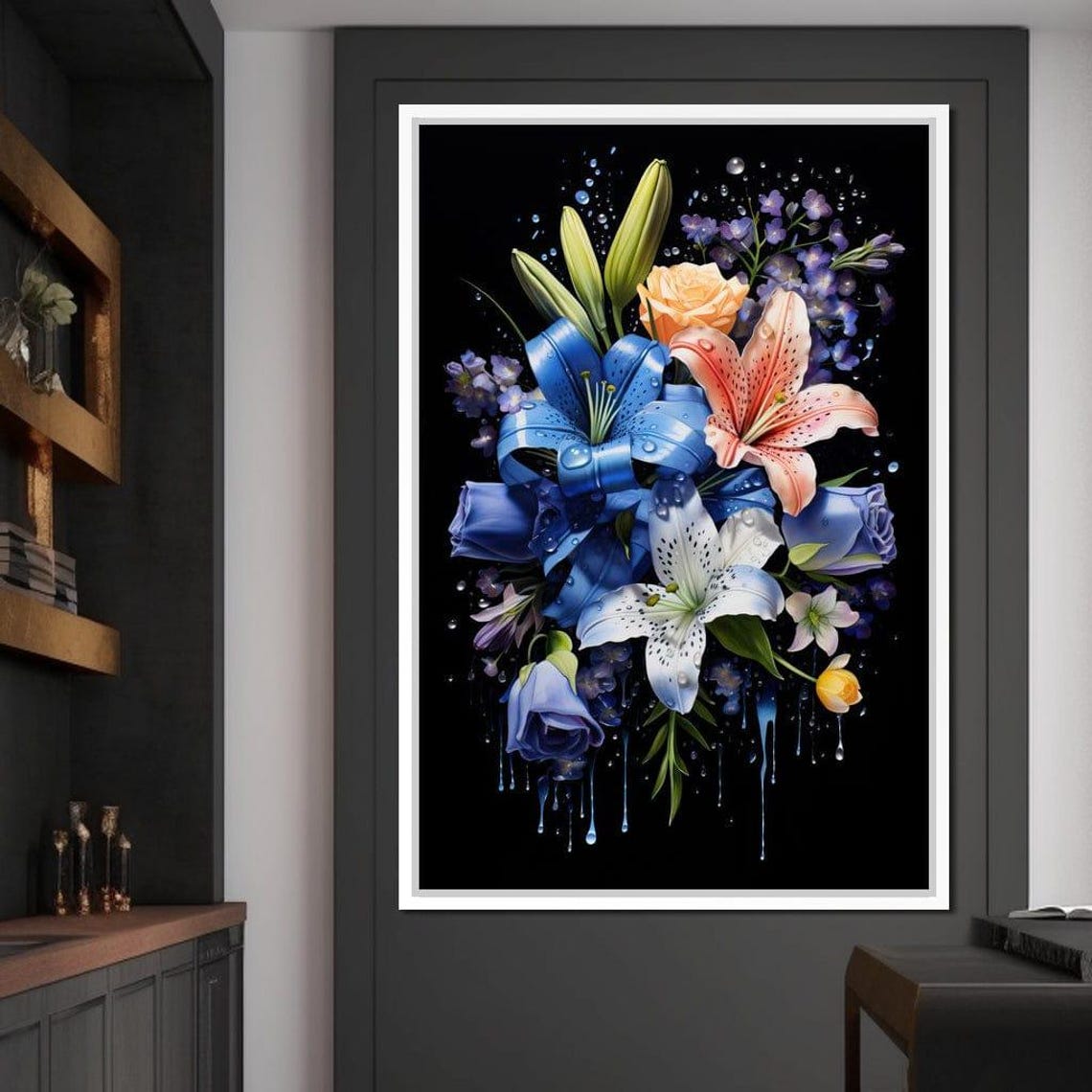 Blue and Orange Lily Bouquet with Water Drops on Black Floral Poster - Image 4
