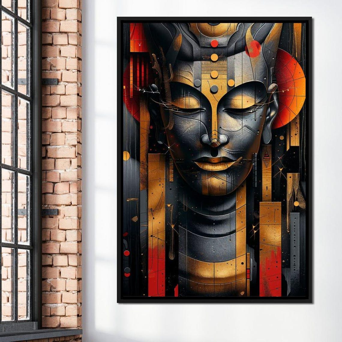 Tribal Sun Buddha Golden Mask Red Dots Abstract Zen Wall Art Poster - Image 3
