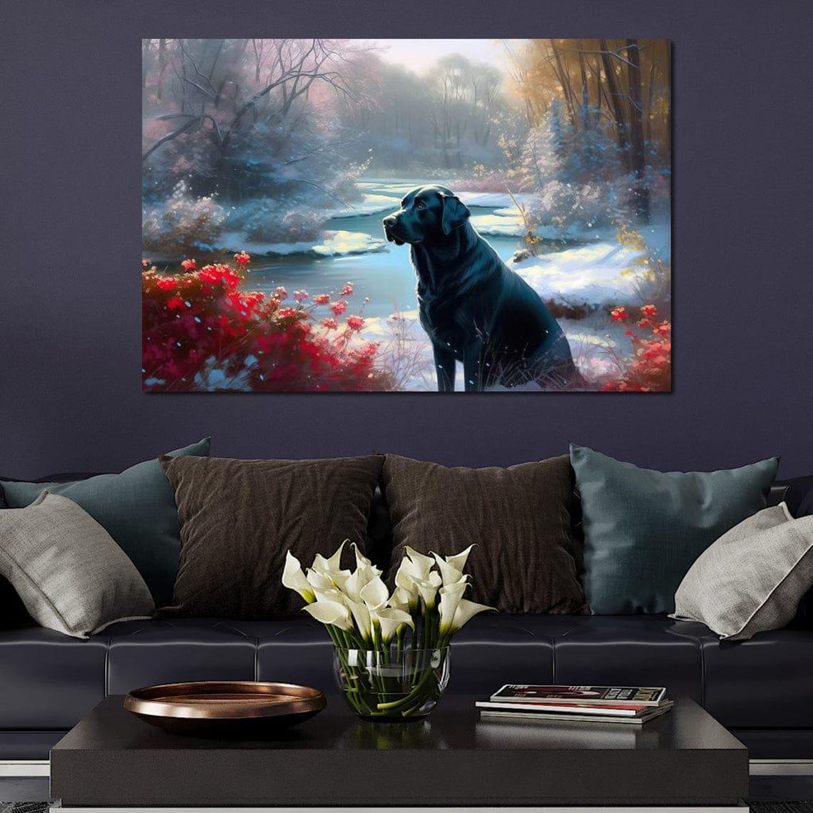 Black Labrador Winter Stream Snowy Forest Dog Painting Wall Art Print - Image 3