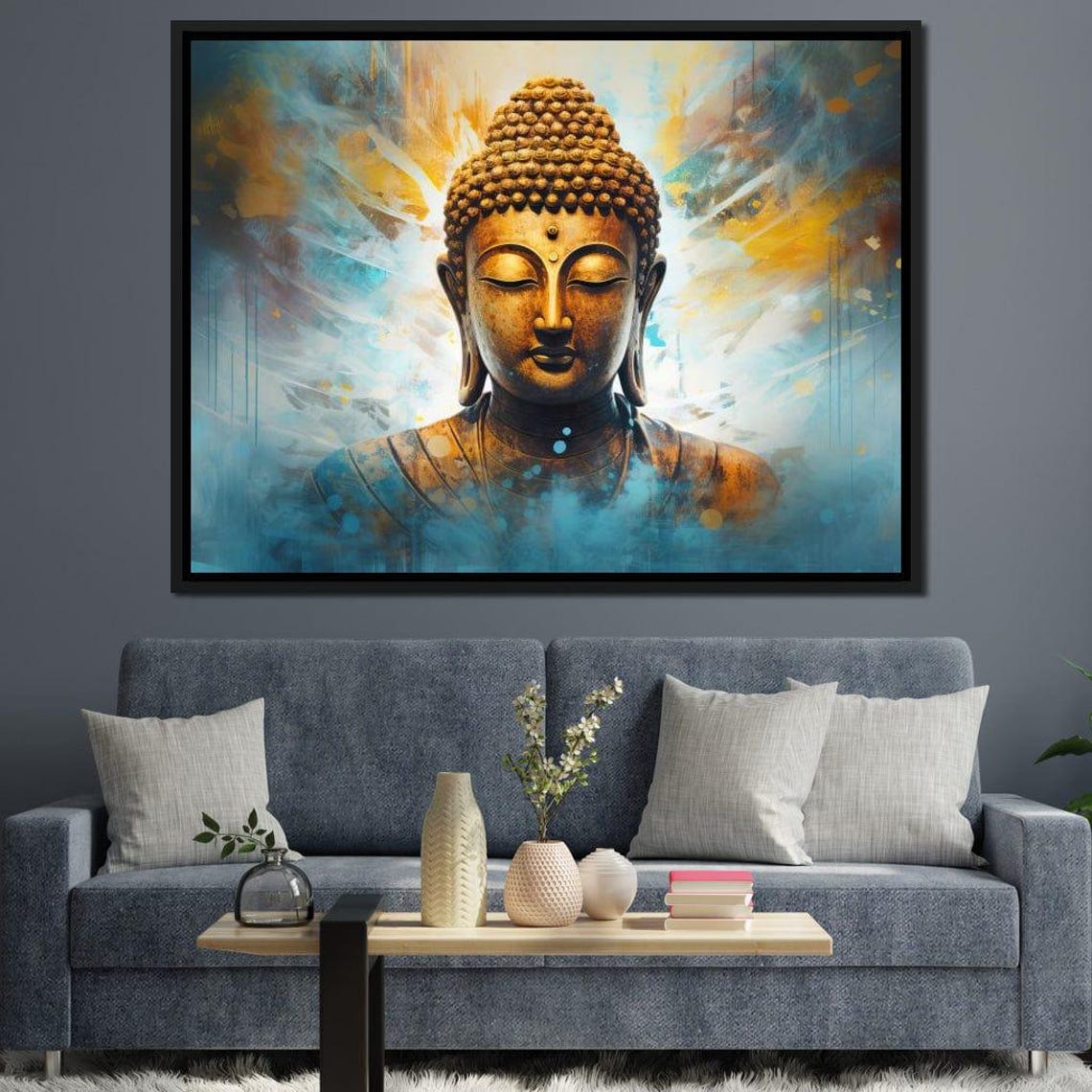 Golden Buddha Head Blue Gold Serene Meditation Spiritual Wall Poster - Image 4
