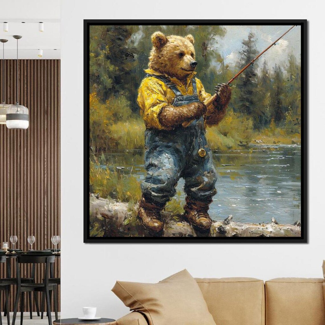 Bear Cub Fishing Overalls Lake Wildlife Whimsical Folk Painting Animal Wall Poster - Image 3