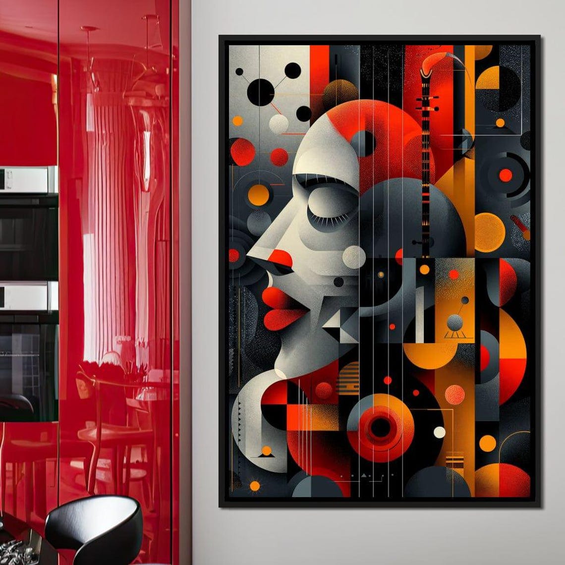 Geometric Woman Face Red Black Gold Circles Abstract Deco Wall Poster - Image 4