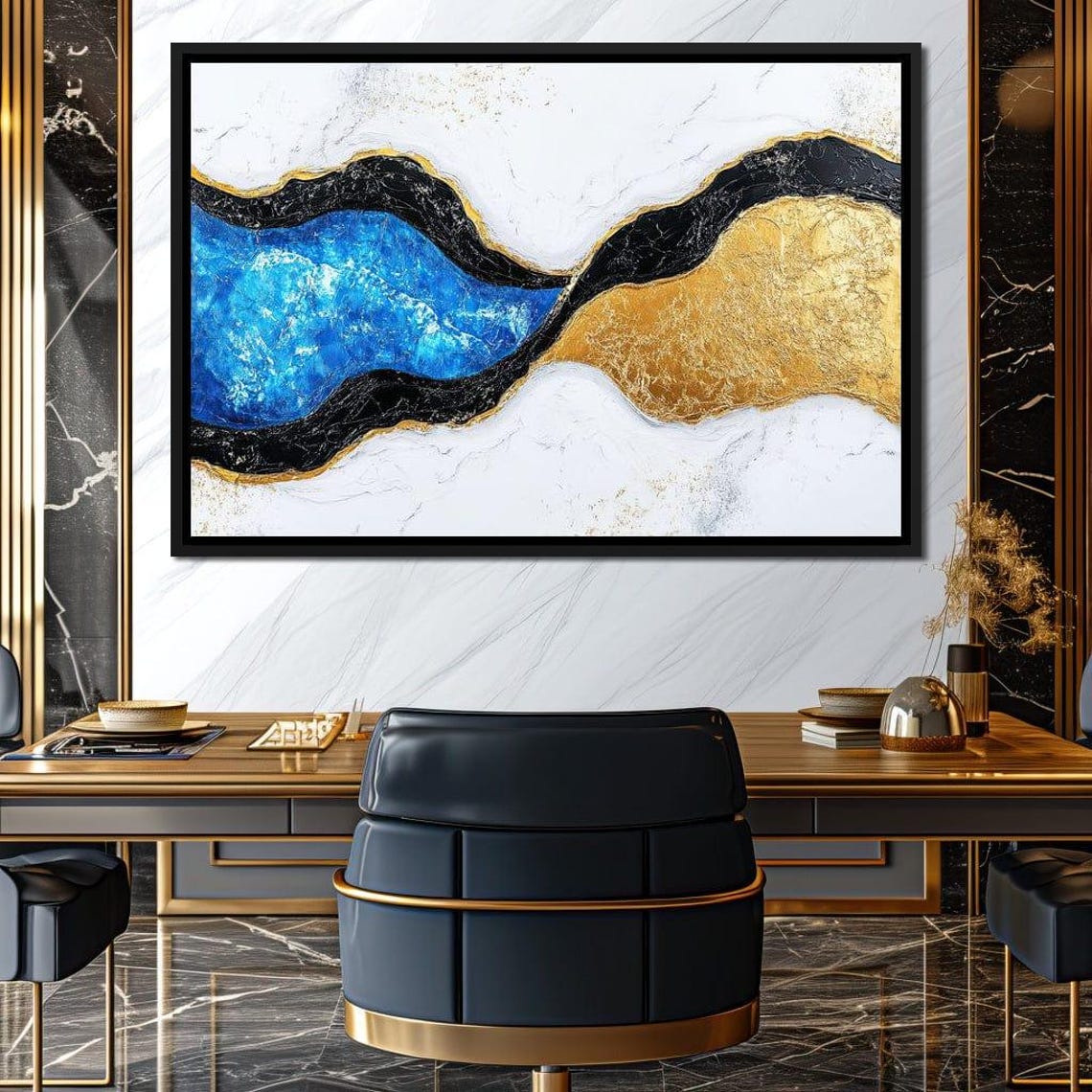 Cobalt Blue Gold Black Flowing Waves Luxury Abstract Marble Art - Image 3