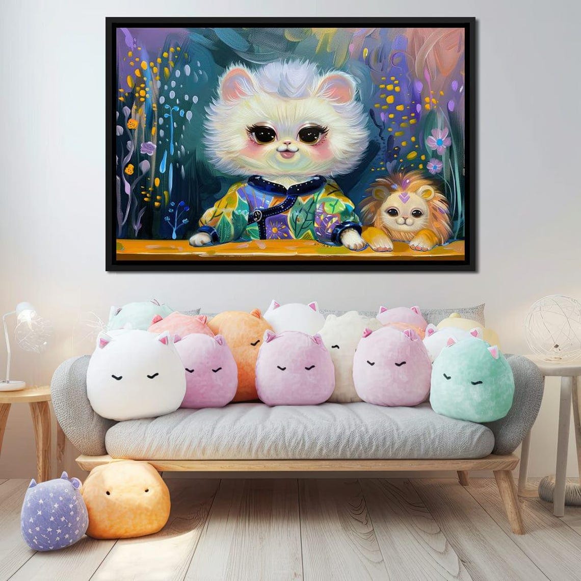 Whimsical Fluffy White Cat And Lion Cub Colorful Kids Room Art Print - Image 2