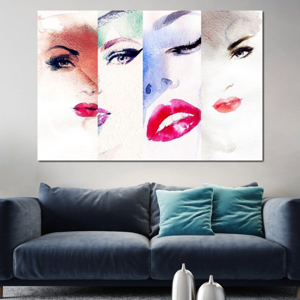 Four Women Faces Watercolor Red Lips Pop Art Makeup Portrait Collage Poster - Image 2