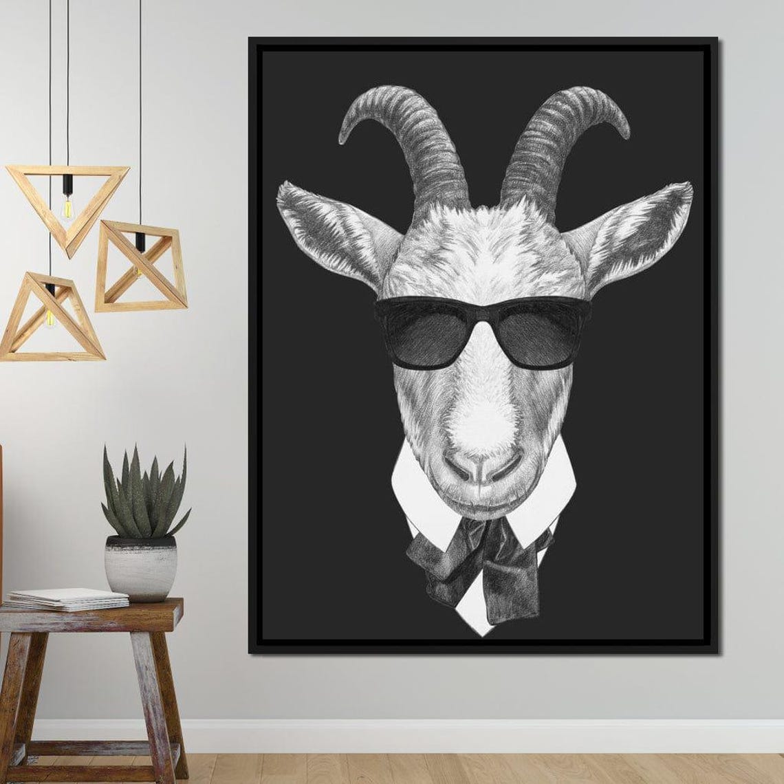 Stylish Goat Sunglasses Bow Tie Black White Quirky Animal Art Poster - Image 2