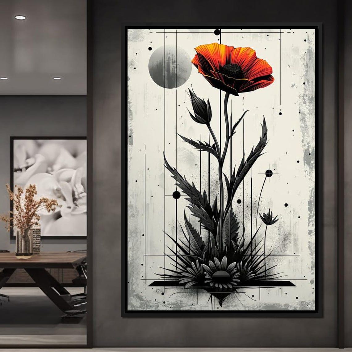 Single Red Poppy Black Leaves Moon Minimalist Botanical Poster - Image 3