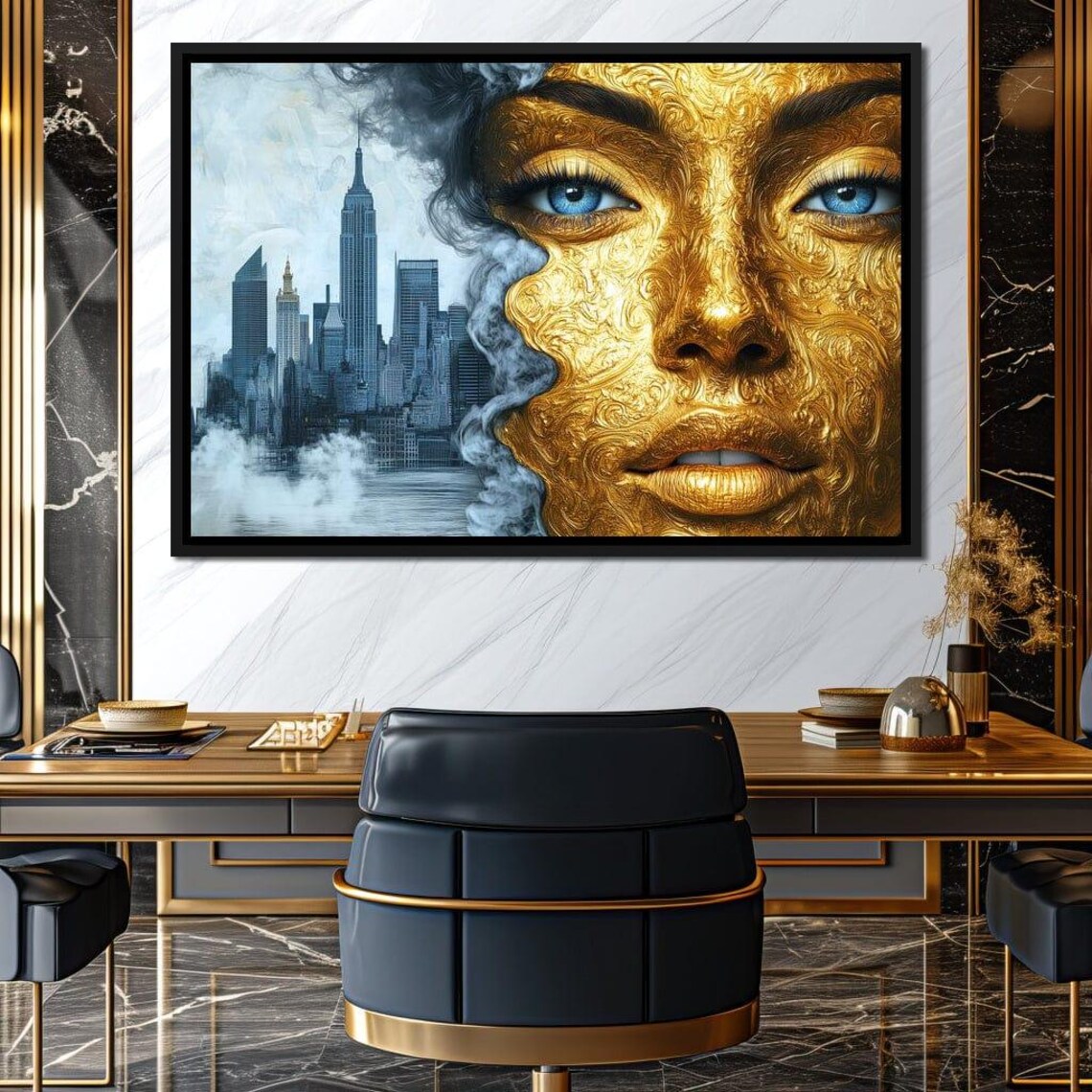 Golden Woman Face Blue Eyes Smoky New York City Skyline Wall Art - Image 3