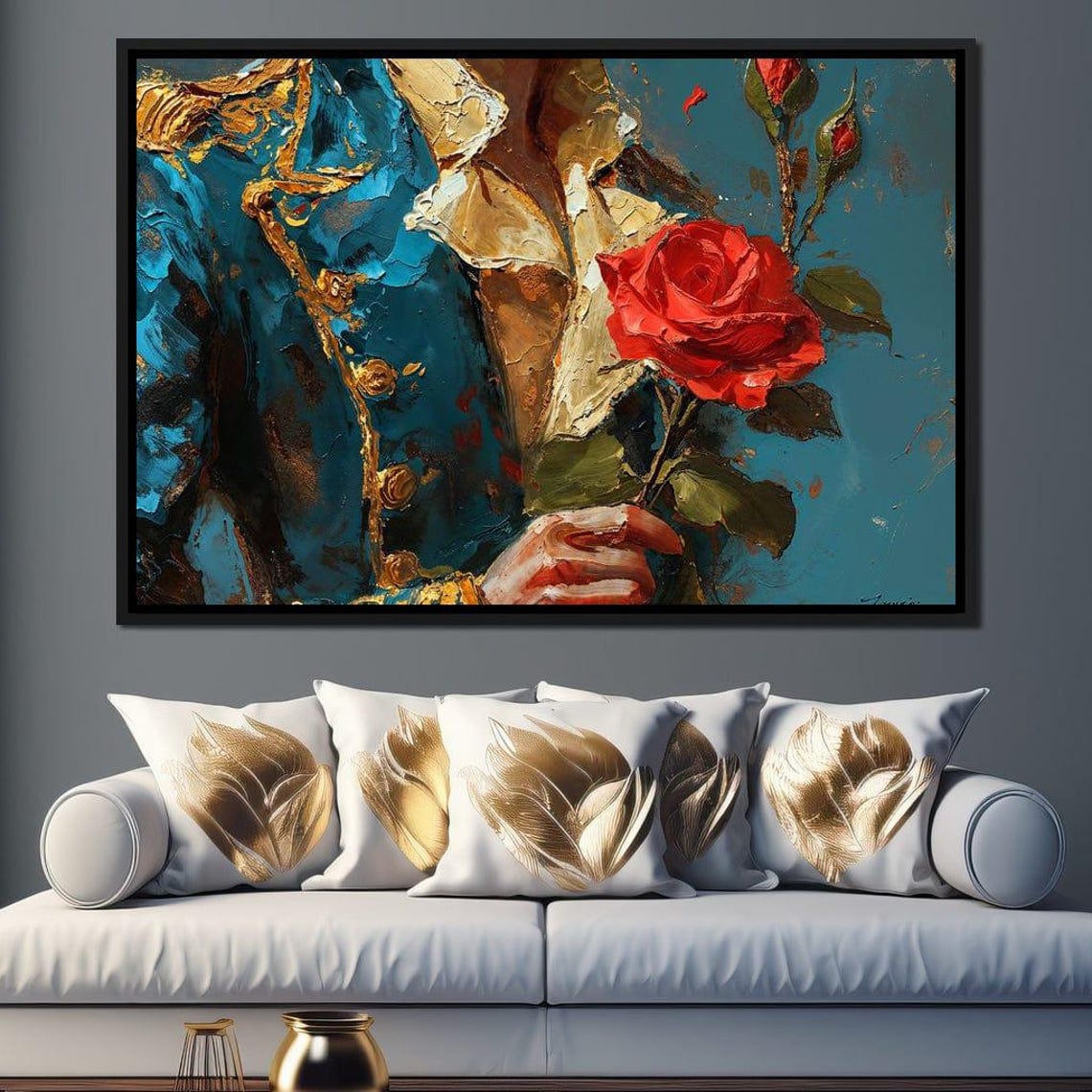 Red Rose and Blue Military Coat Romantic Oil Painting Floral Wall Art - Image 2