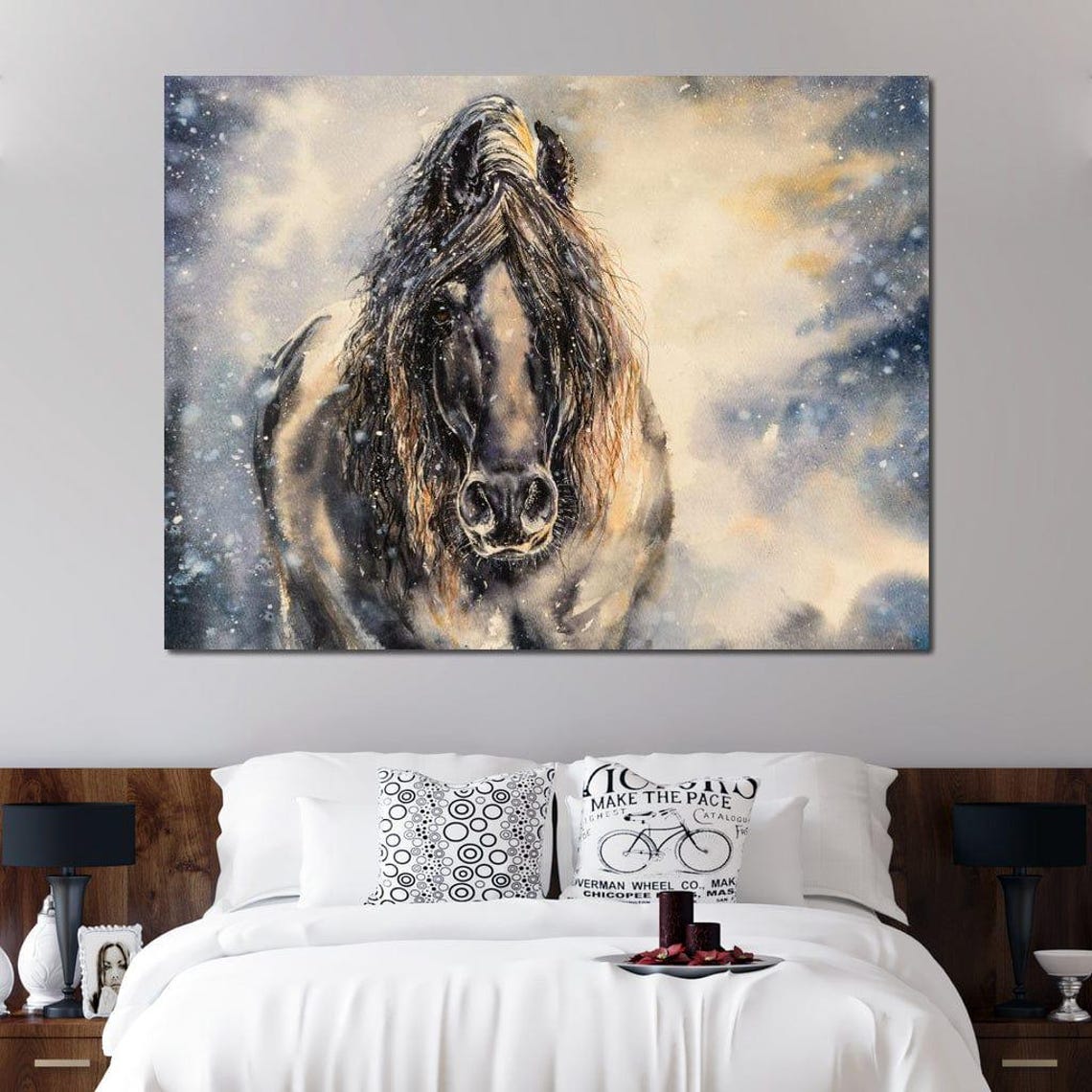 Black Horse Winter Storm Snow Dramatic Equine Portrait Wall Art Print - Image 3
